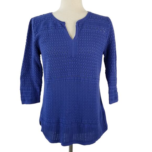 Talbots Bright Blue Crochet Knit Top Shirt Blouse Size Medium Petite - Picture 1 of 4